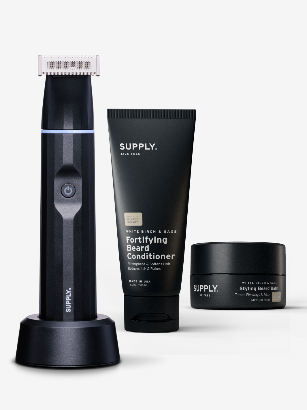 Grooming kit with trimmer, beard conditioner, and styling balm, all labeled 'SUPPLY.'