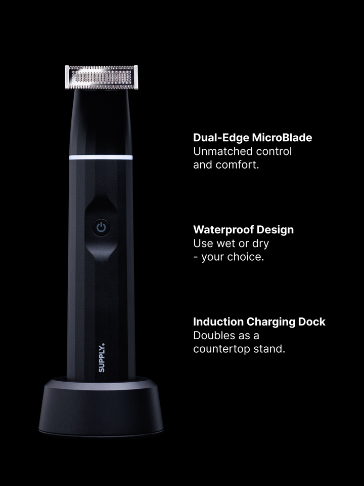 The supply trimmer has a dual edge microblade. Water proof design so you can use wet or dry. Induction charging dock that doubles as a stand.