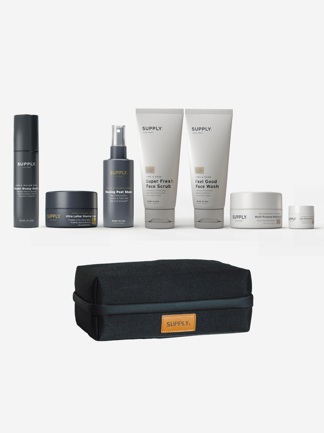 Grooming products set with face wash, scrub, sprays, and black toiletry bag.