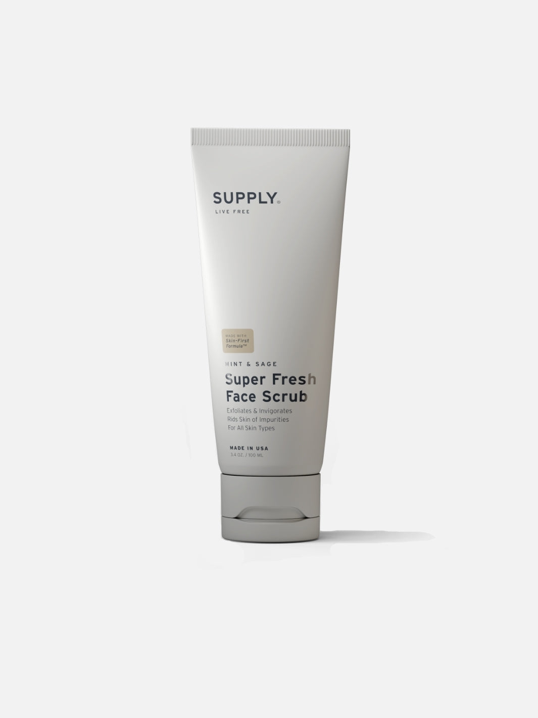 Tube of Supply Super Fresh Face Scrub on a light background.