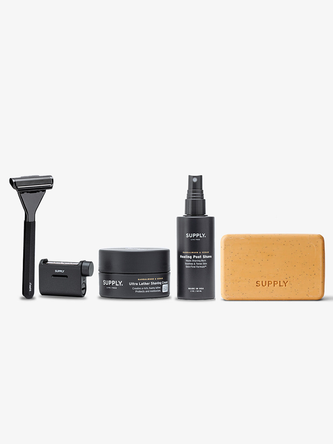  The Welcome Bundle - Jet Black delivers a powerful punch of an expertly crafted razor, moisturizing shaving cream, soothing post-shave spray, and a high-performance bar soap to handle the day’s needs so you can get up and get out the door.