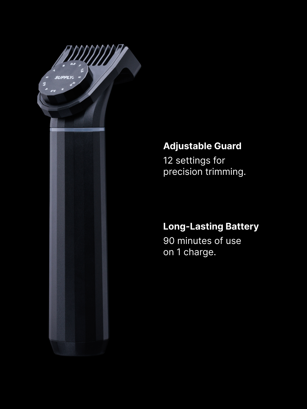 The supply trimmer comes with an adjustable guard with 12 settings for precision trimmer. The supply trimmer also has a long lasting battery with 90 minutes of use on 1 charge.