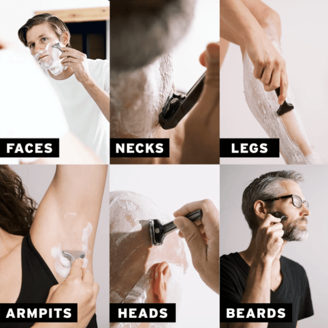 various people using the supply co se razor on different parts of their body: face, neck, legs, armpits, heads, beards