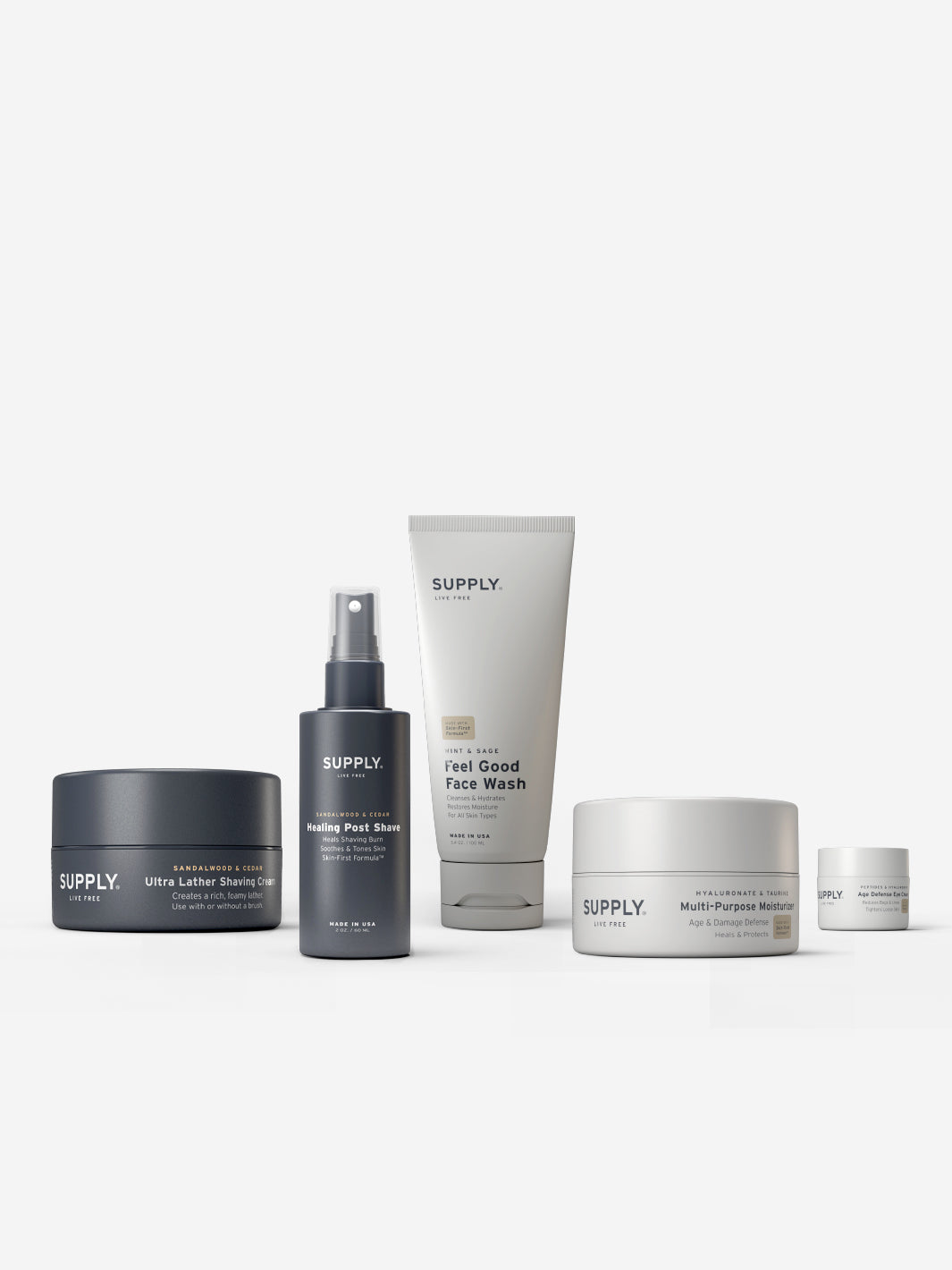 Men's skincare and shaving products from Supply on a light background.