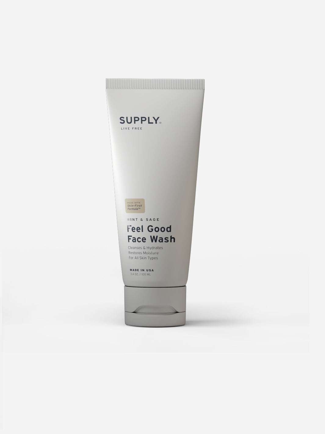 Tube of Supply Feel Good Face Wash, mint and sage, for all skin types.