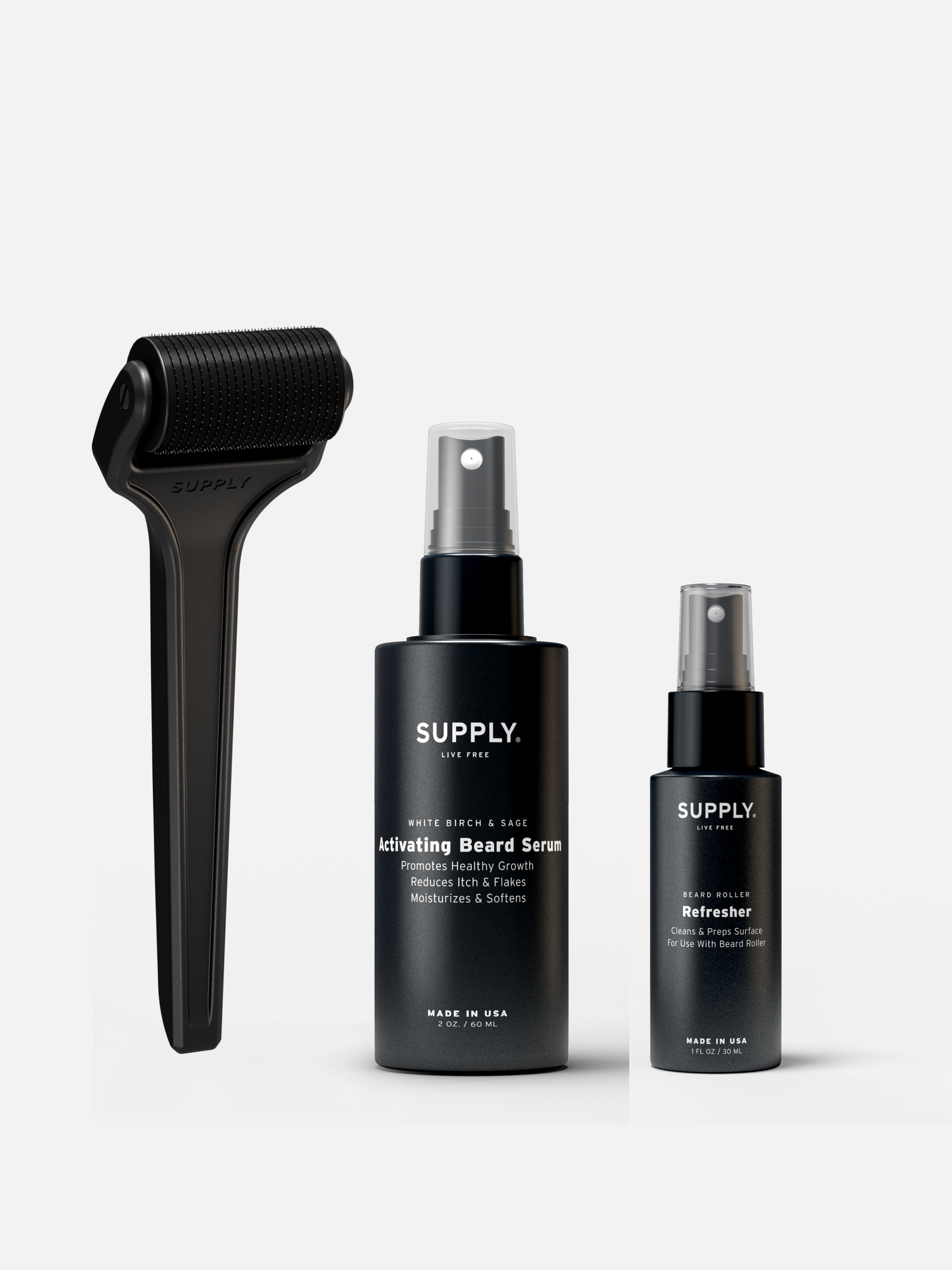 Beard care set with roller, activating serum, and refresher spray.