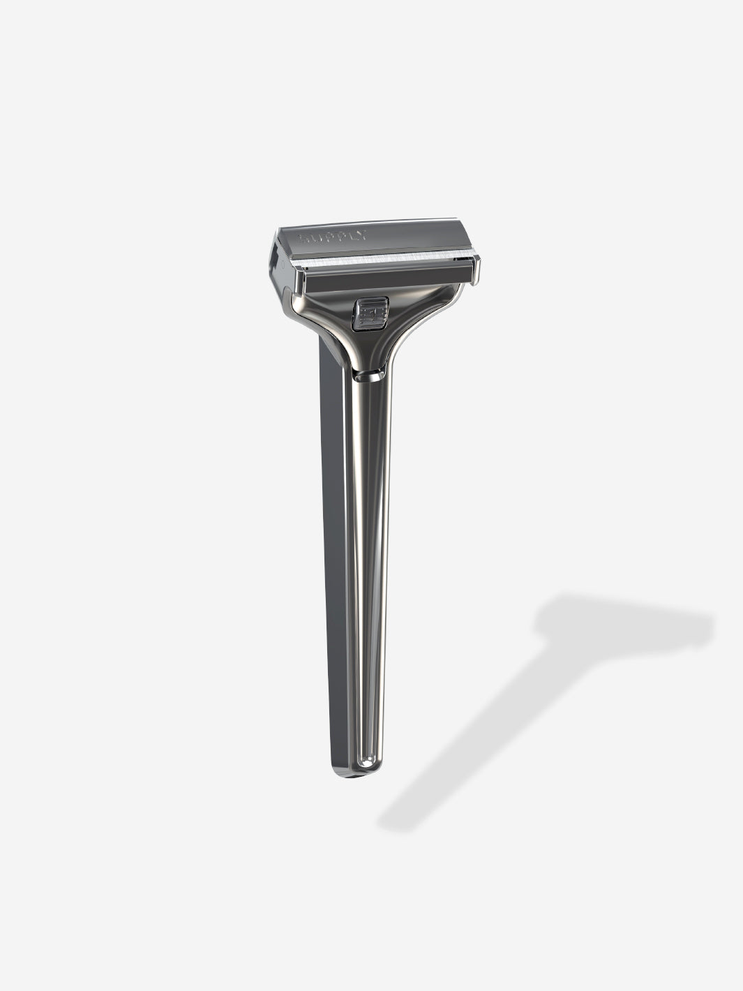 A sleek, modern metal razor with a single blade design.