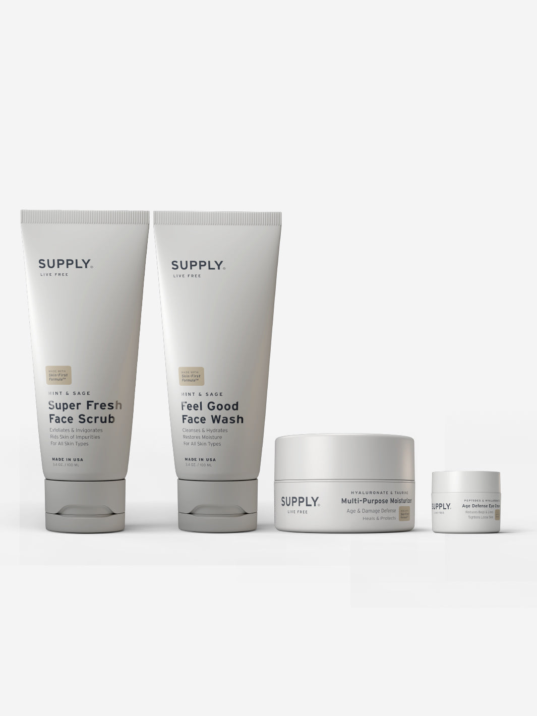 Skincare products including face scrub, face wash, moisturizer, and eye cream, labeled 'SUPPLY.'