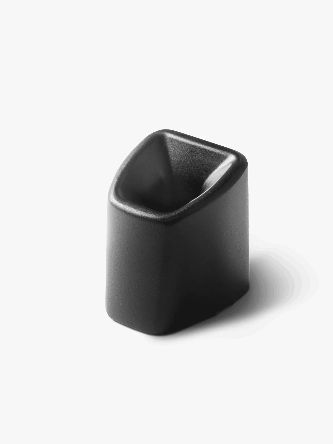 Black, minimalist ring holder on white background.